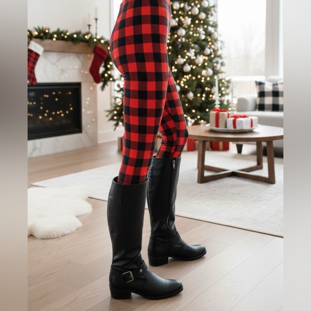 OS/XPLUS NEW Womens Christmas Red Plaid Leggings - No-Roll Waist - Buttery Soft - Picture 9 of 11